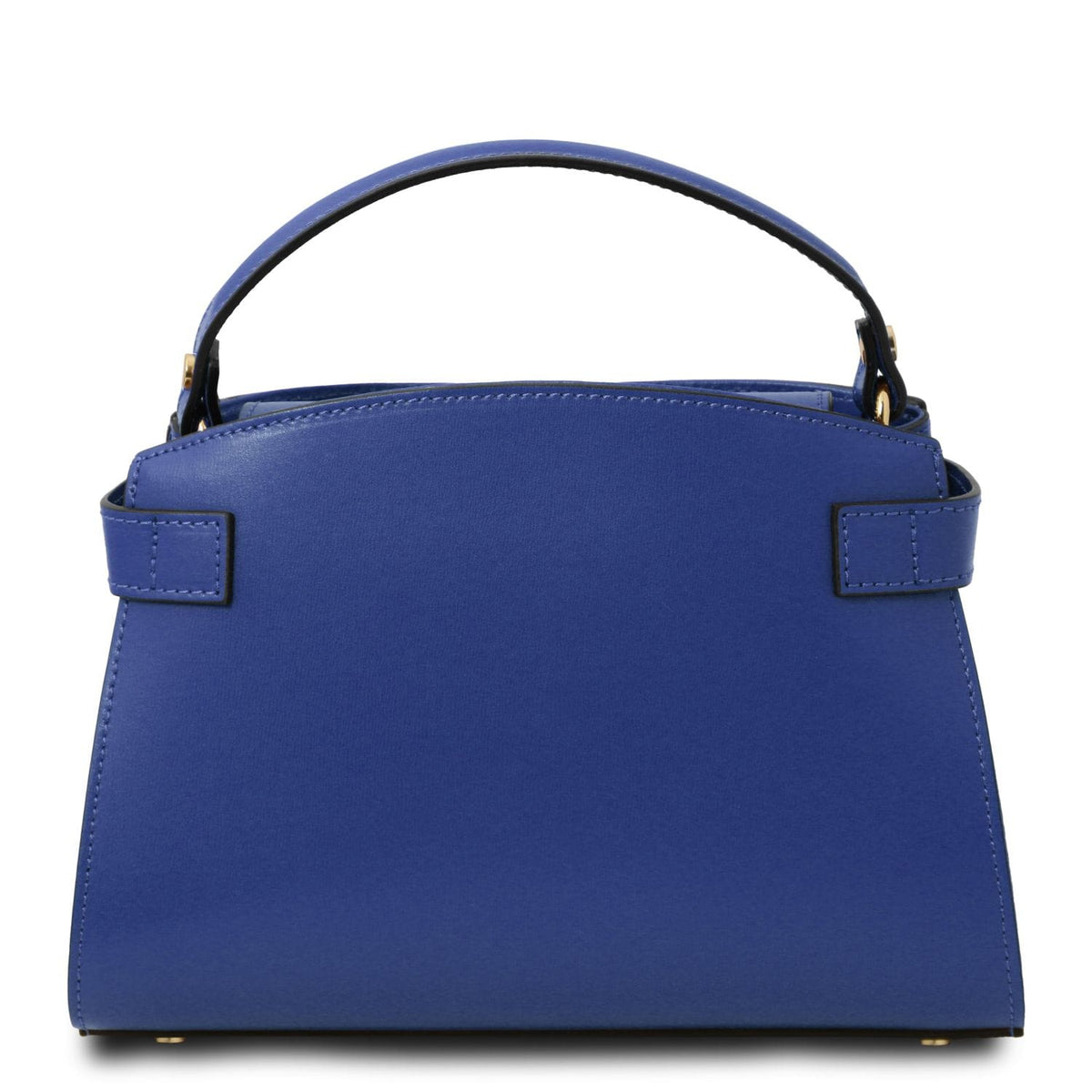 Bottom view of Maisy blue leather top handle bag with gold tone feet