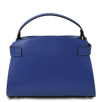 Bottom view of Maisy blue leather top handle bag with gold tone feet