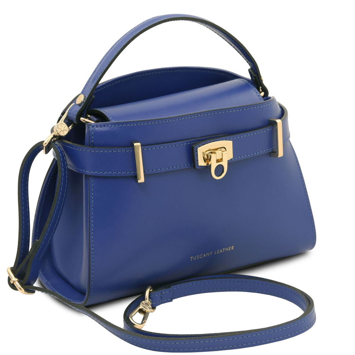 Maisy blue leather top handle bag with gold lock hardware and detachable strap