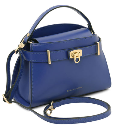 Maisy blue leather top handle bag with gold lock hardware and detachable strap