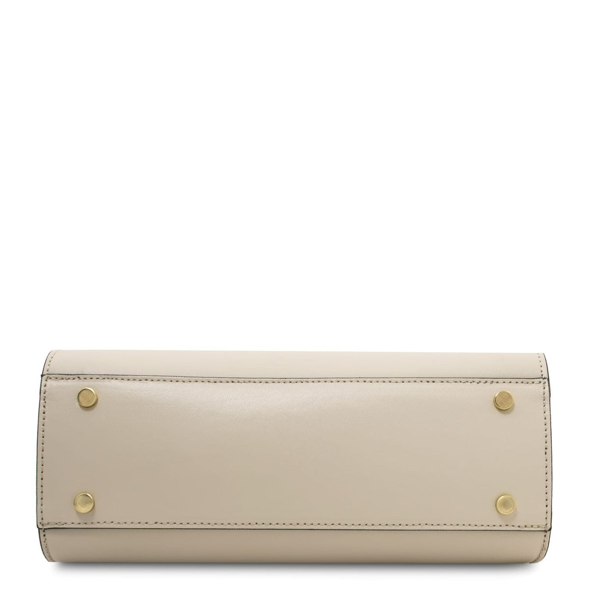 Bottom view of Maisy leather top handle bag in smooth beige leather with four gold studs.