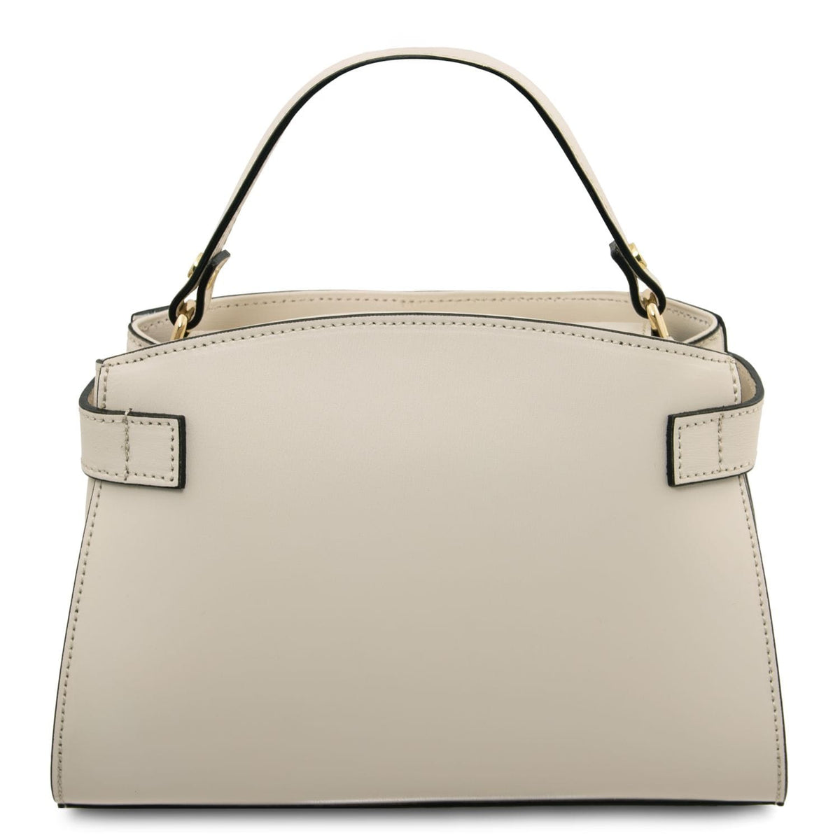 Front view of beige smooth leather Maisy top handle bag with black edge piping and gold hardware