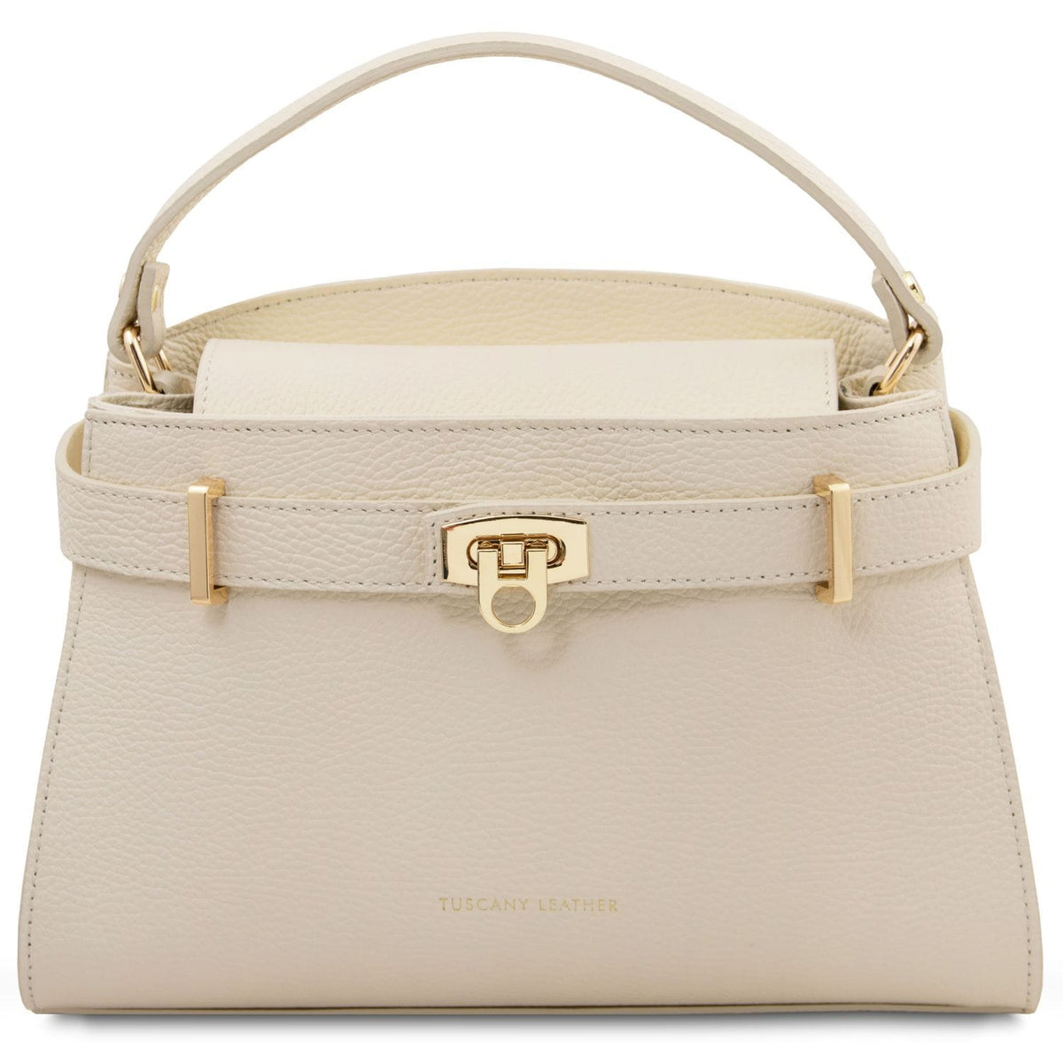 Beige handbag with gold accents on a white background