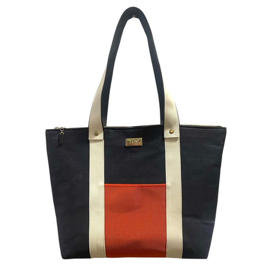 Navy denim, orange, and beige tote bag on a white background