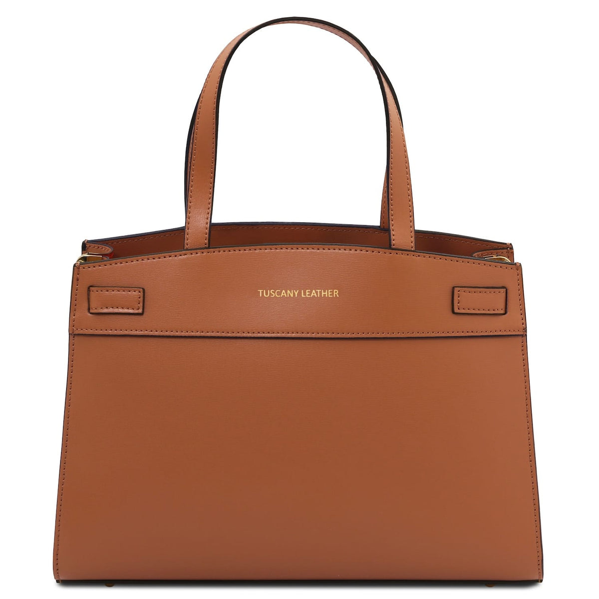 Cuero Bolso de piel italiana with dos asas superiores and gold branding reading TUSCANY LEATHER