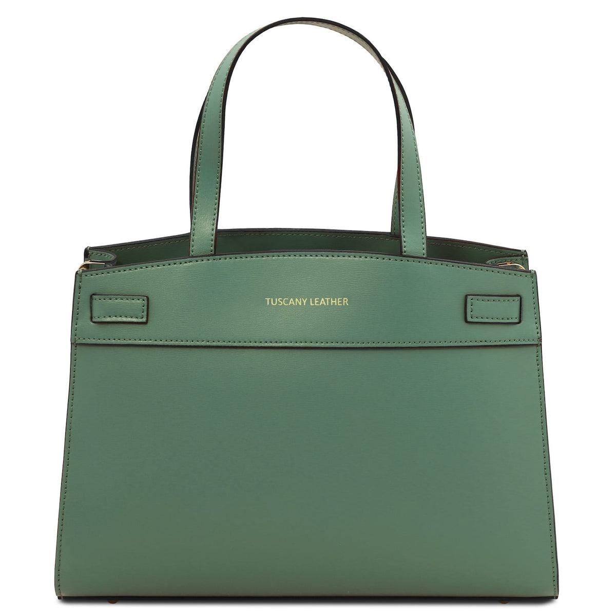 Verde leather handbag with 'Tuscany Leather' branding sobre fondo blanco