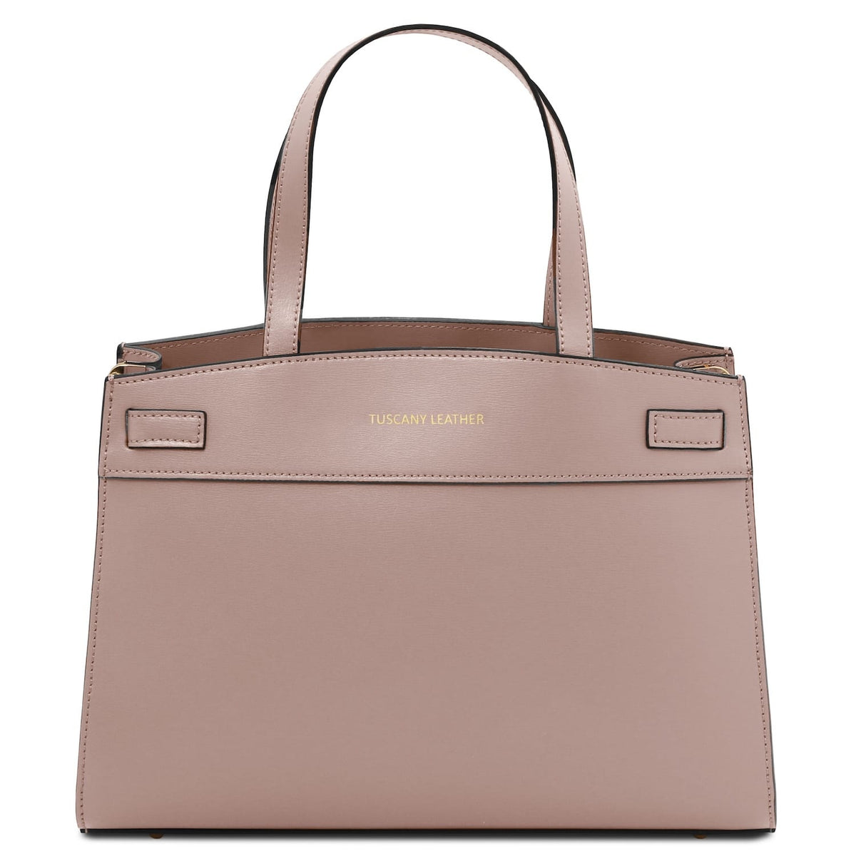 Nude pink handbag with 'Tuscany Leather' branding sobre fondo blanco