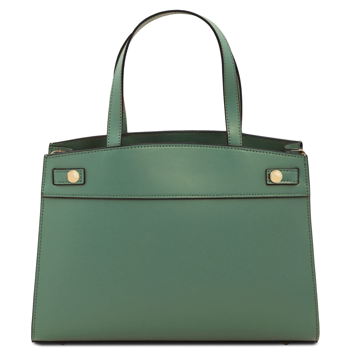 Musa Bolso de piel italiana in sage green shown from the front with dos asas superiores and herrajes dorados
