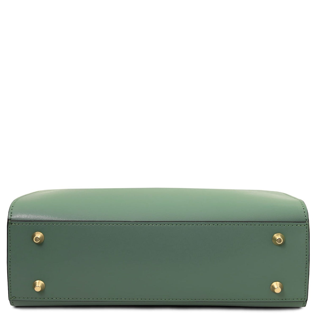 Vista inferior of Musa Bolso de piel italiana in sage green with four gold-tone feet