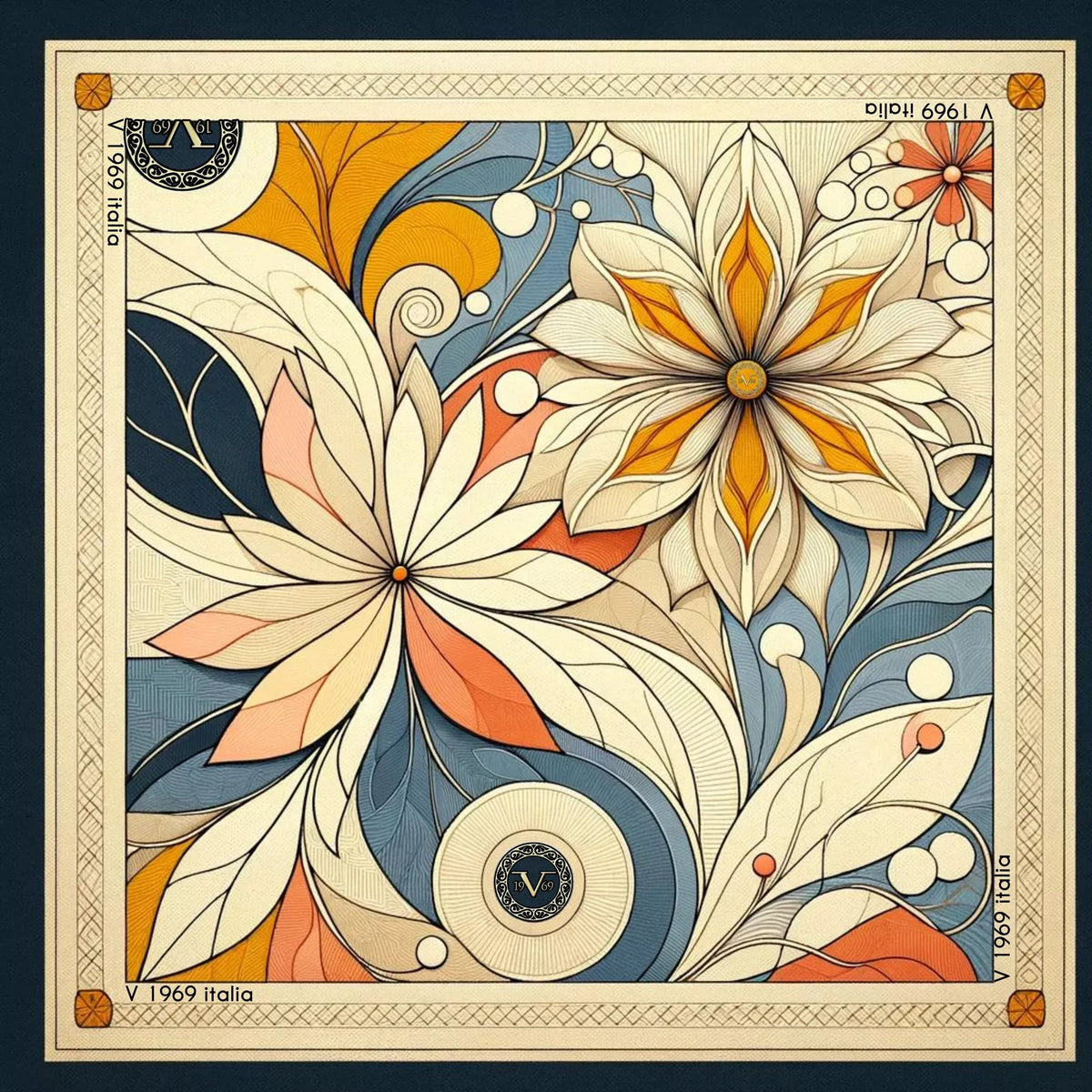 Mystic Flowers Large Square Silk Cachecol (90 × 90 cm) featuring intricate floral patterns in muted orange, blue, and beige tones.