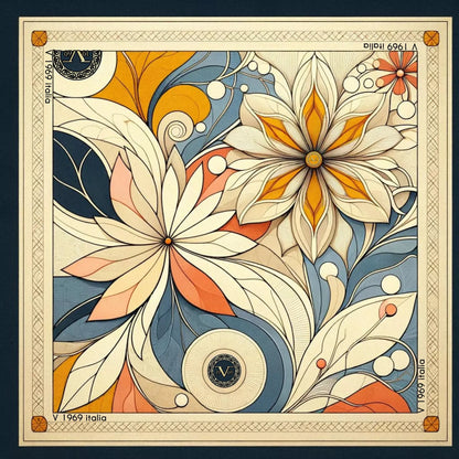 Mystic Flowers Large Square Silk Cachecol (90 × 90 cm) featuring intricate floral patterns in muted orange, blue, and beige tones.