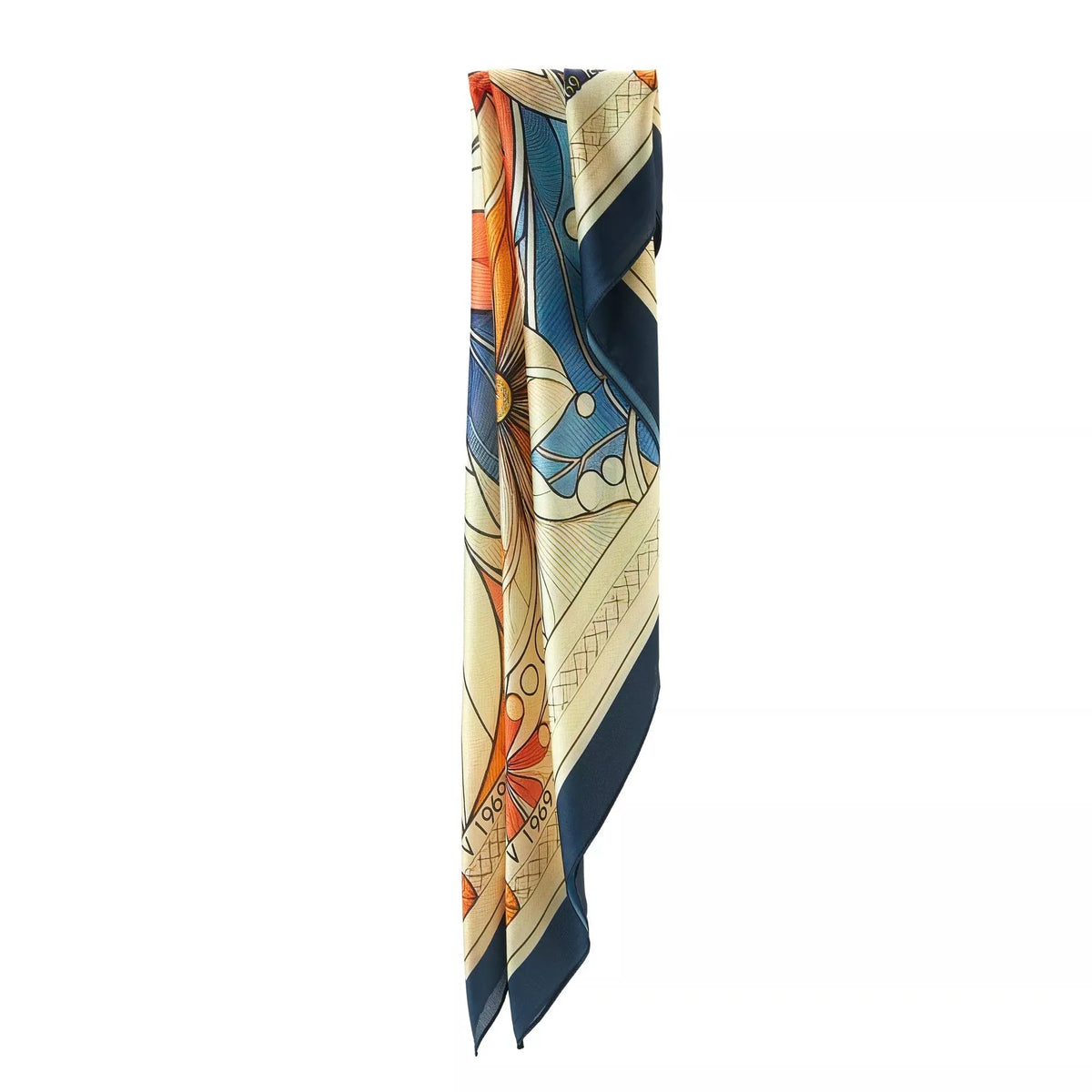 Mystic Flowers Large Square Silk Cachecol (90 × 90 cm) hanging folded with detailed floral and geometric patterns in blue, orange, and cream.