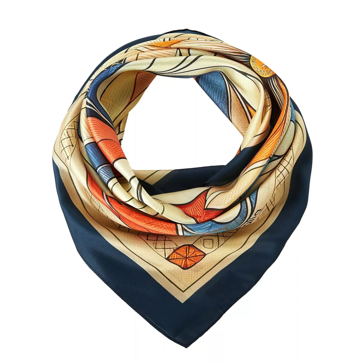 Mystic Flowers Large Square Silk Cachecol (90 × 90 cm) folded with floral and geometric patterns in navy, beige, and orange tones.