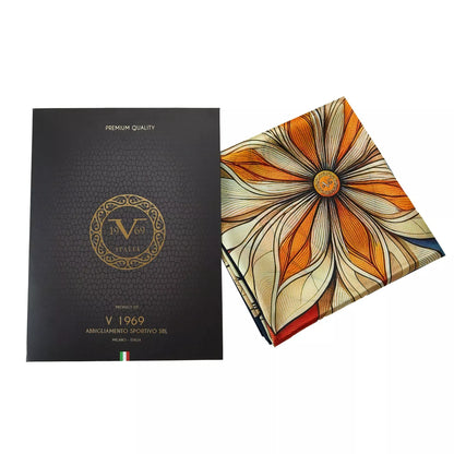 Mystic Flowers Large Square Silk Cachecol (90 × 90 cm) with orange, cream, and blue floral design featuring intricate petal details and rich tones.