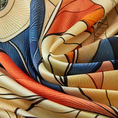 Mystic Flowers Large Square Silk Cachecol (90 × 90 cm) featuring vibrant floral and abstract patterns in warm orange, blue, and cream tones.