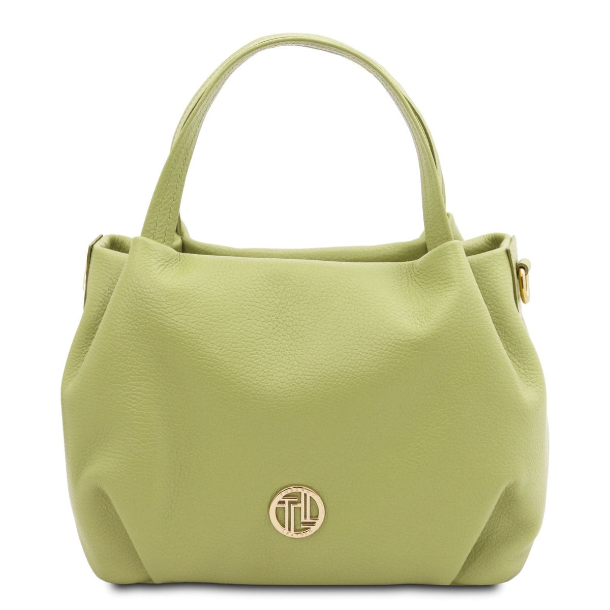 Soft lime green leather handbag with rounded silhouette, dual top handles, and subtle gold-tone emblem detail.