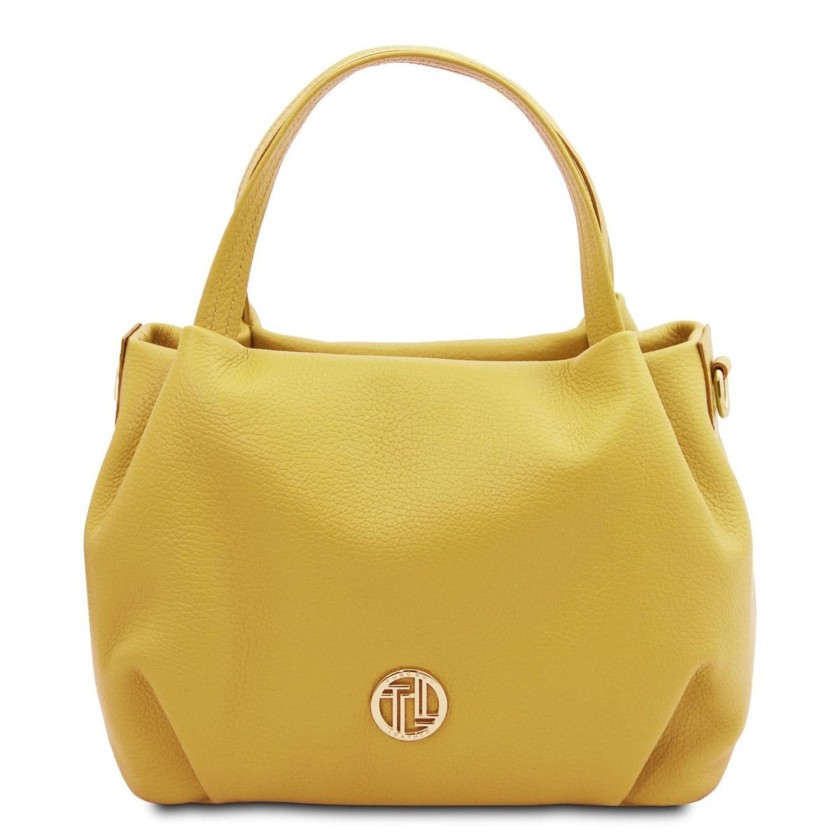 Soft yellow leather handbag with pebbled texture, rounded shape, dual top handles, and subtle metal emblem detail.