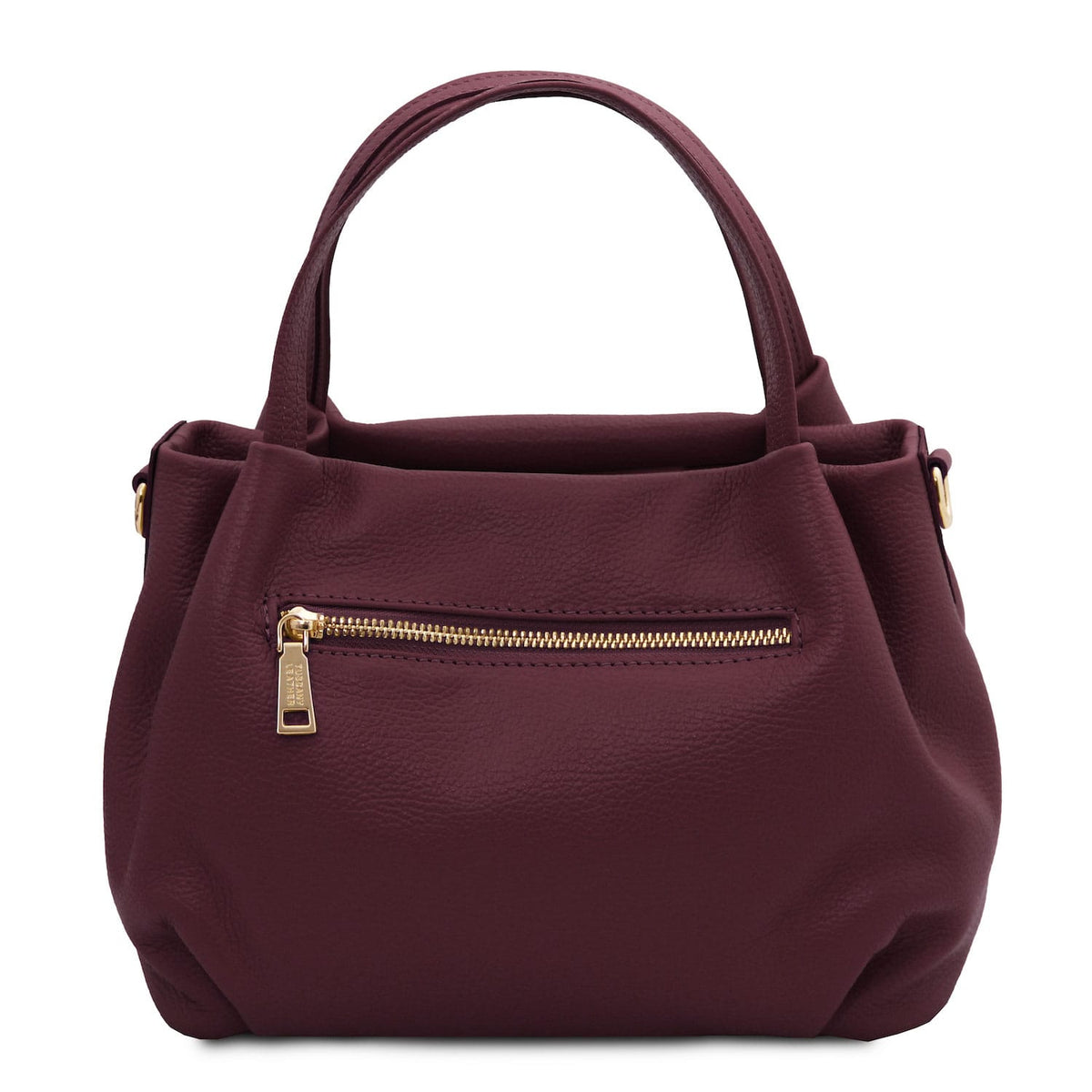 Nora - Soft leather handbag | TL142372 in burgundy pebbled leather with gold zipper pocket and dual top handles on white background.