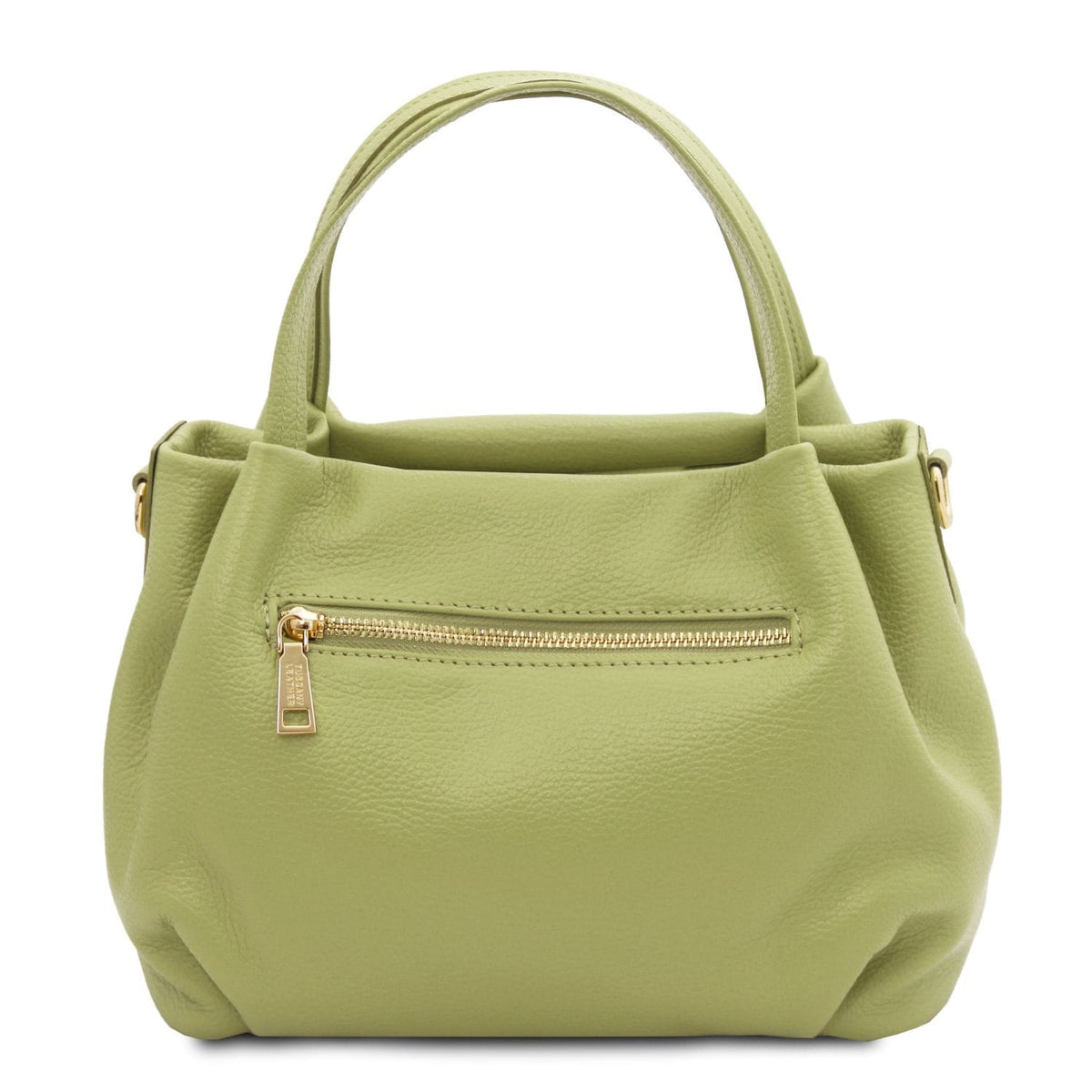 Light green soft leather handbag with gold-tone zipper pocket on front and dual handles, crafted from Italian leather.