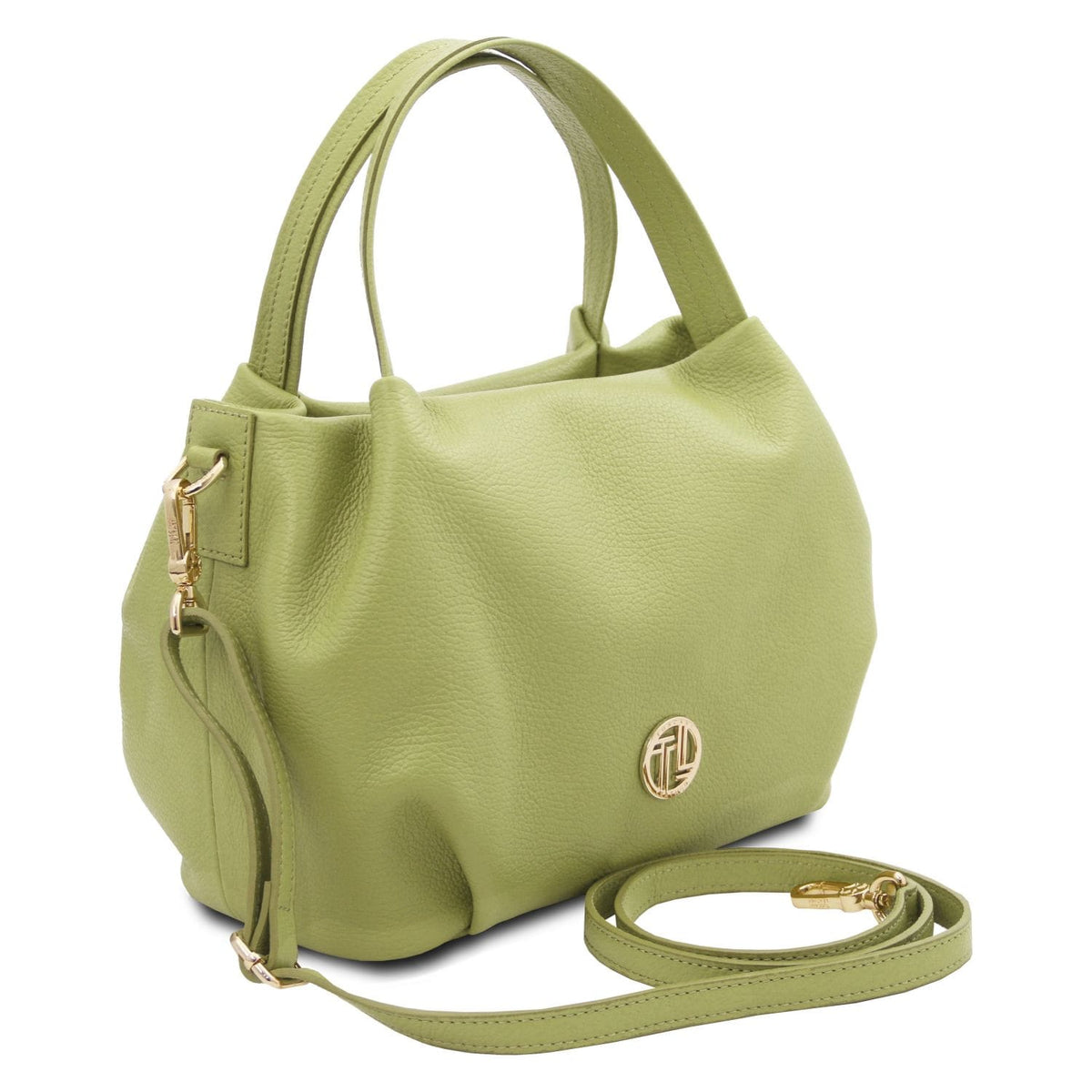 Soft green leather handbag with pebbled texture, dual handles, detachable strap, and gold-tone circular hardware detail.