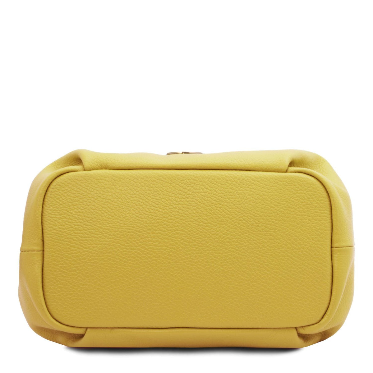 Yellow soft leather handbag with pebbled texture, rounded edges, and structured rectangular base.