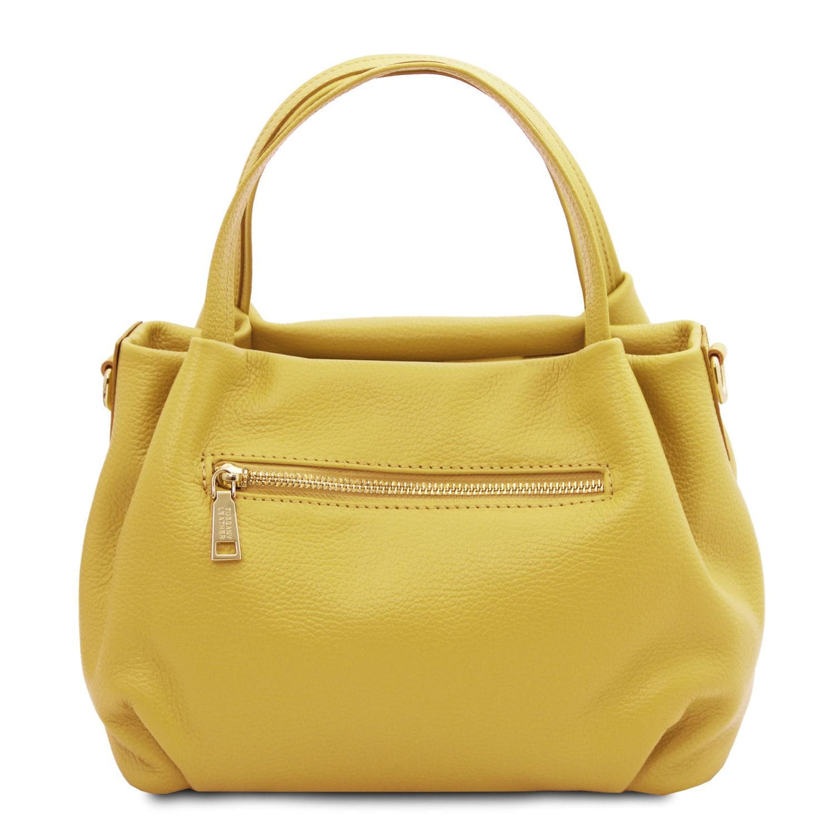 Yellow soft leather handbag with a pebbled texture, gold zipper pocket, and dual top handles, crafted in Italian leather.