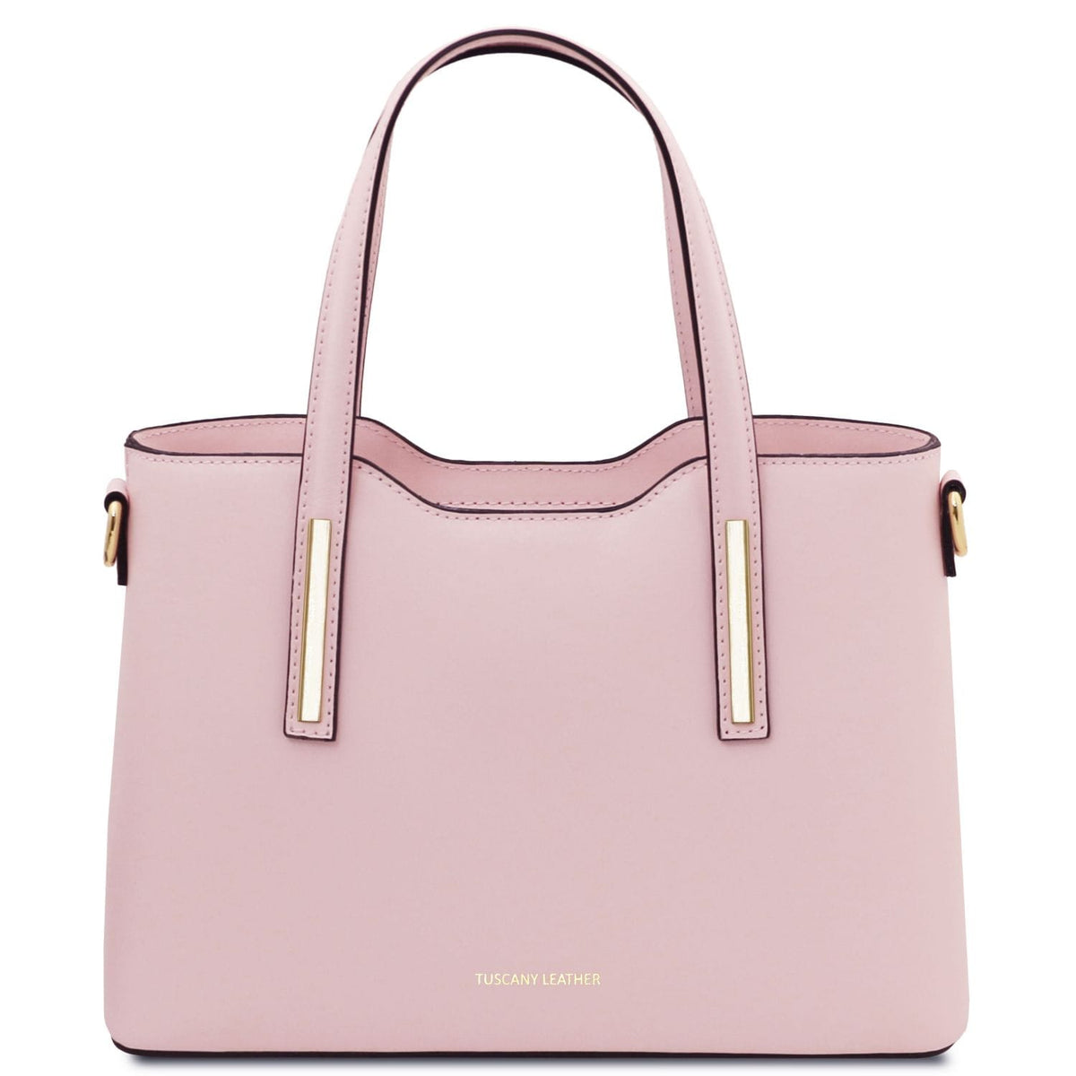 Pink handbag with gold accents on a white background