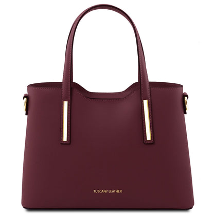 Olimpia - Italian leather tote - Small size | TL141521 in burgundy smooth leather with top handles and gold hardware on white background