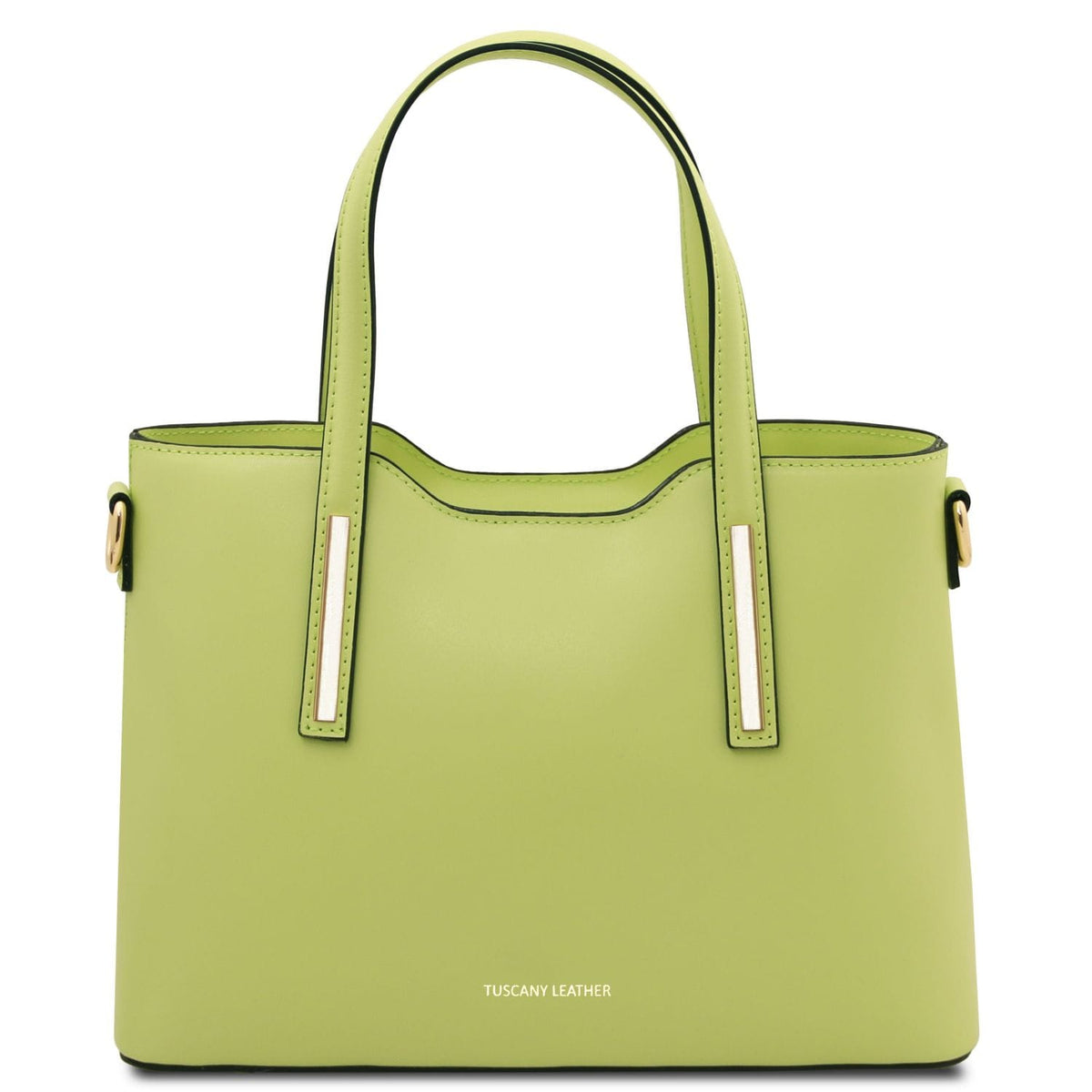 Olimpia lime green Italian leather tote with twin handles and gold-tone rectangular bar accents