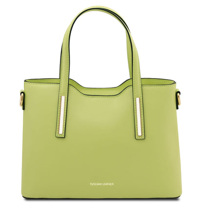 Olimpia lime green Italian leather tote with twin handles and gold-tone rectangular bar accents
