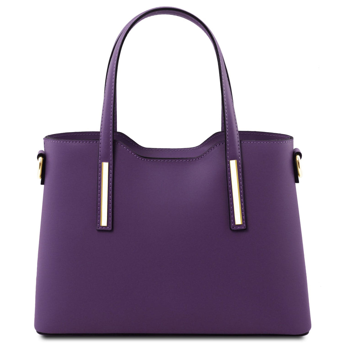 Olimpia - Italian leather tote - Small size | TL141521 in smooth purple leather with double top handles and gold hardware on white background