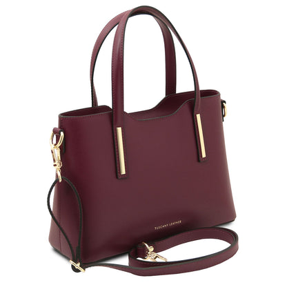 Olimpia - Italian leather tote - Small size | TL141521 in burgundy smooth leather with gold hardware and detachable shoulder strap on white background