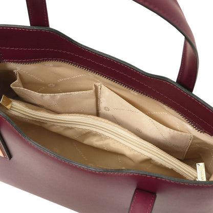 Olimpia - Italian leather tote - Small size | TL141521 in burgundy smooth leather with zippered interior pocket and dual top handles on white background.