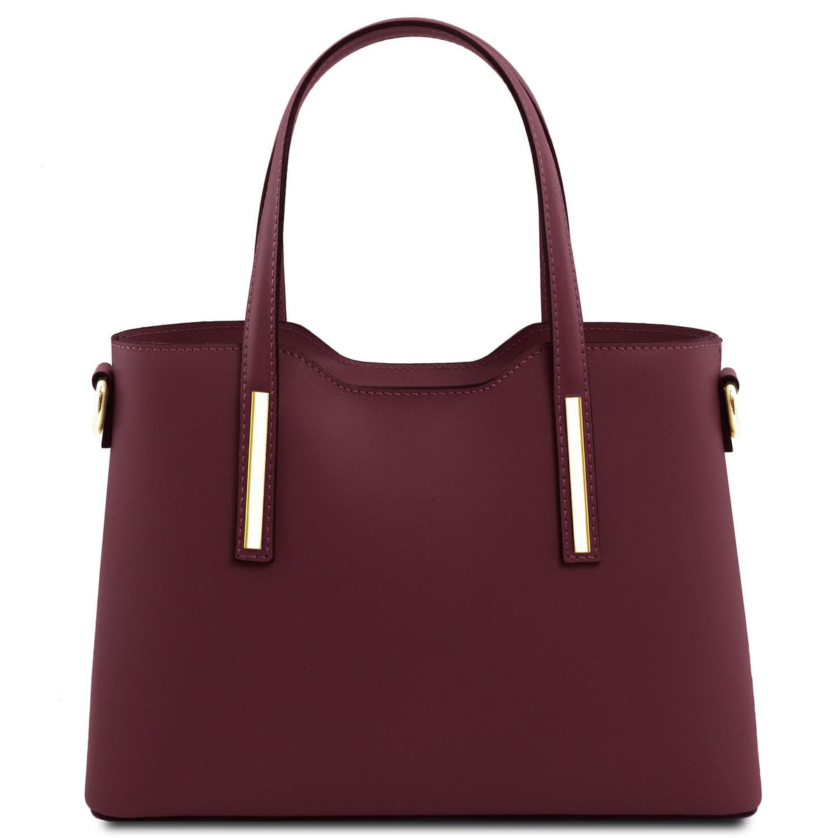 Olimpia - Italian leather tote - Small size | TL141521 in burgundy smooth leather with dual top handles and gold-tone hardware on white background