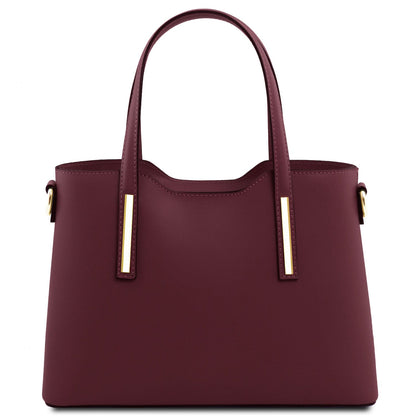 Olimpia - Italian leather tote - Small size | TL141521 in burgundy smooth leather with dual top handles and gold-tone hardware on white background