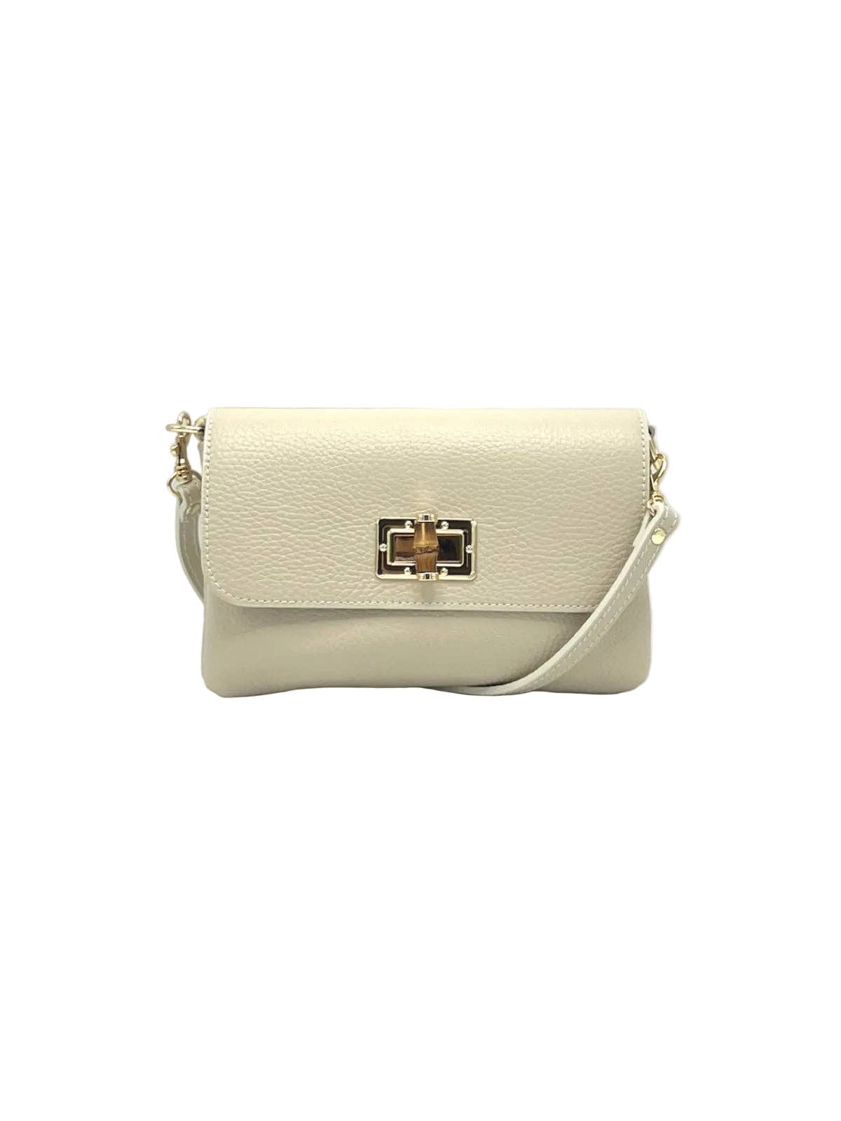 Orbetello leather shoulder bag in beige con texture martellata e a chiusura girevole color oro