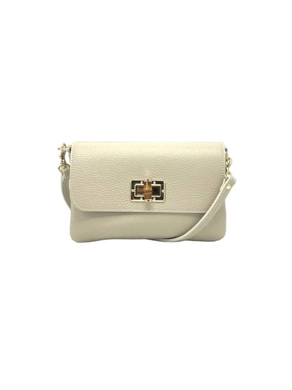 Orbetello leather shoulder bag in beige con texture martellata e a chiusura girevole color oro