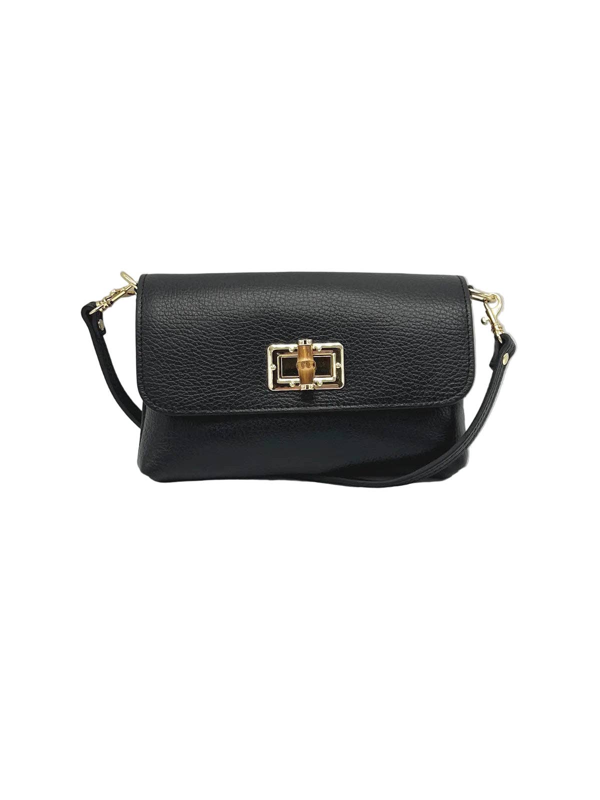 Orbetello leather shoulder bag in nero con texture martellata e a chiusura girevole color oro