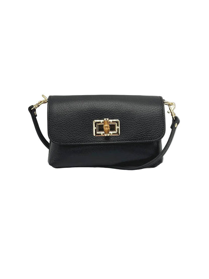Orbetello leather shoulder bag in nero con texture martellata e a chiusura girevole color oro
