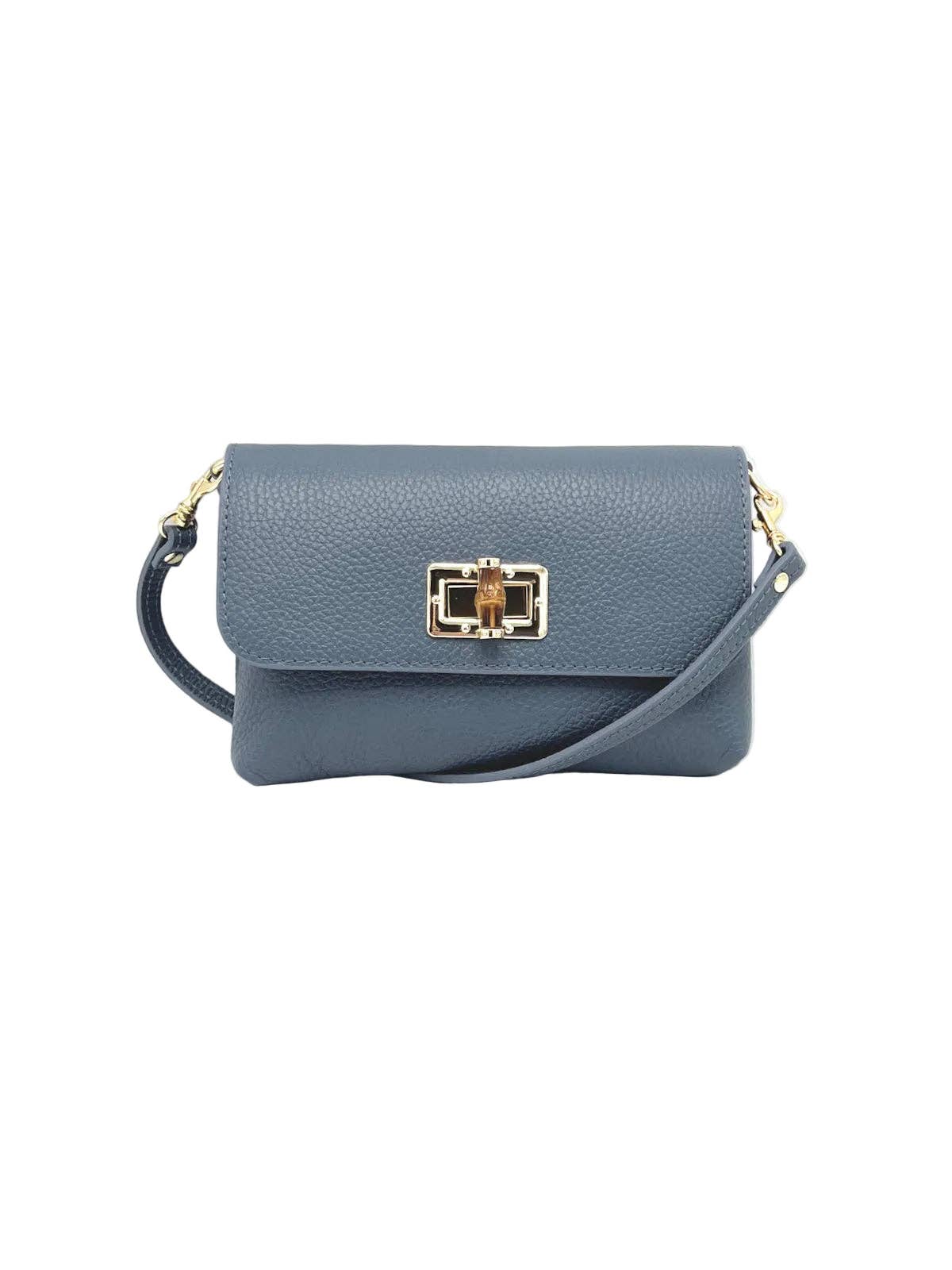 Orbetello leather shoulder bag in blu con texture martellata e a chiusura girevole color oro