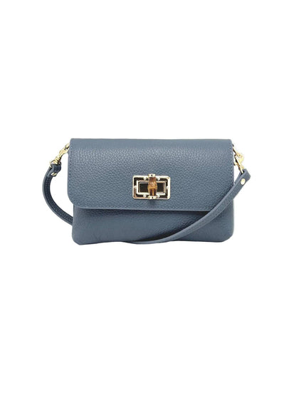 Orbetello leather shoulder bag in blu con texture martellata e a chiusura girevole color oro