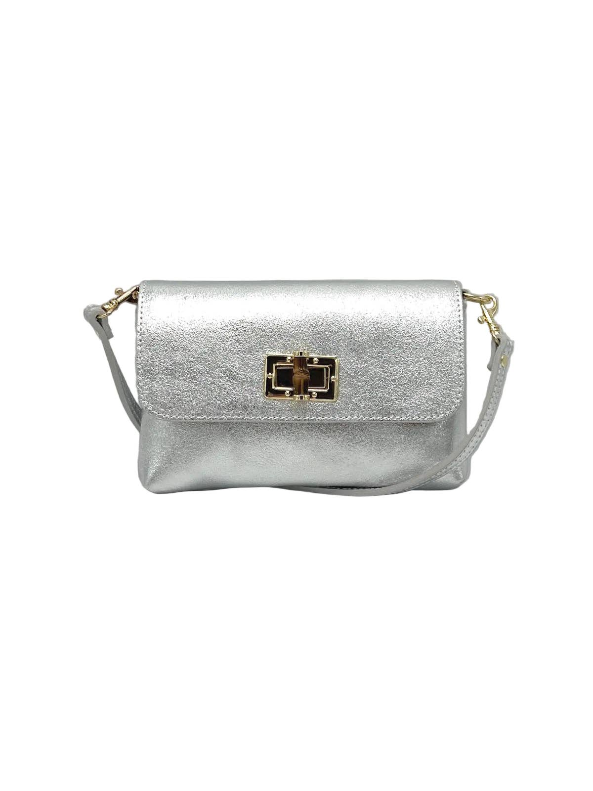 Argento metallic Orbetello shoulder bag con gold turn lock clasp e strap