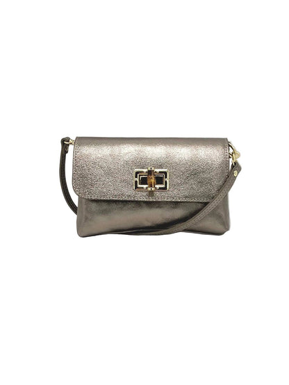 Orbetello leather shoulder bag in metallic taupe con a front flap e chiusura girevole color oro