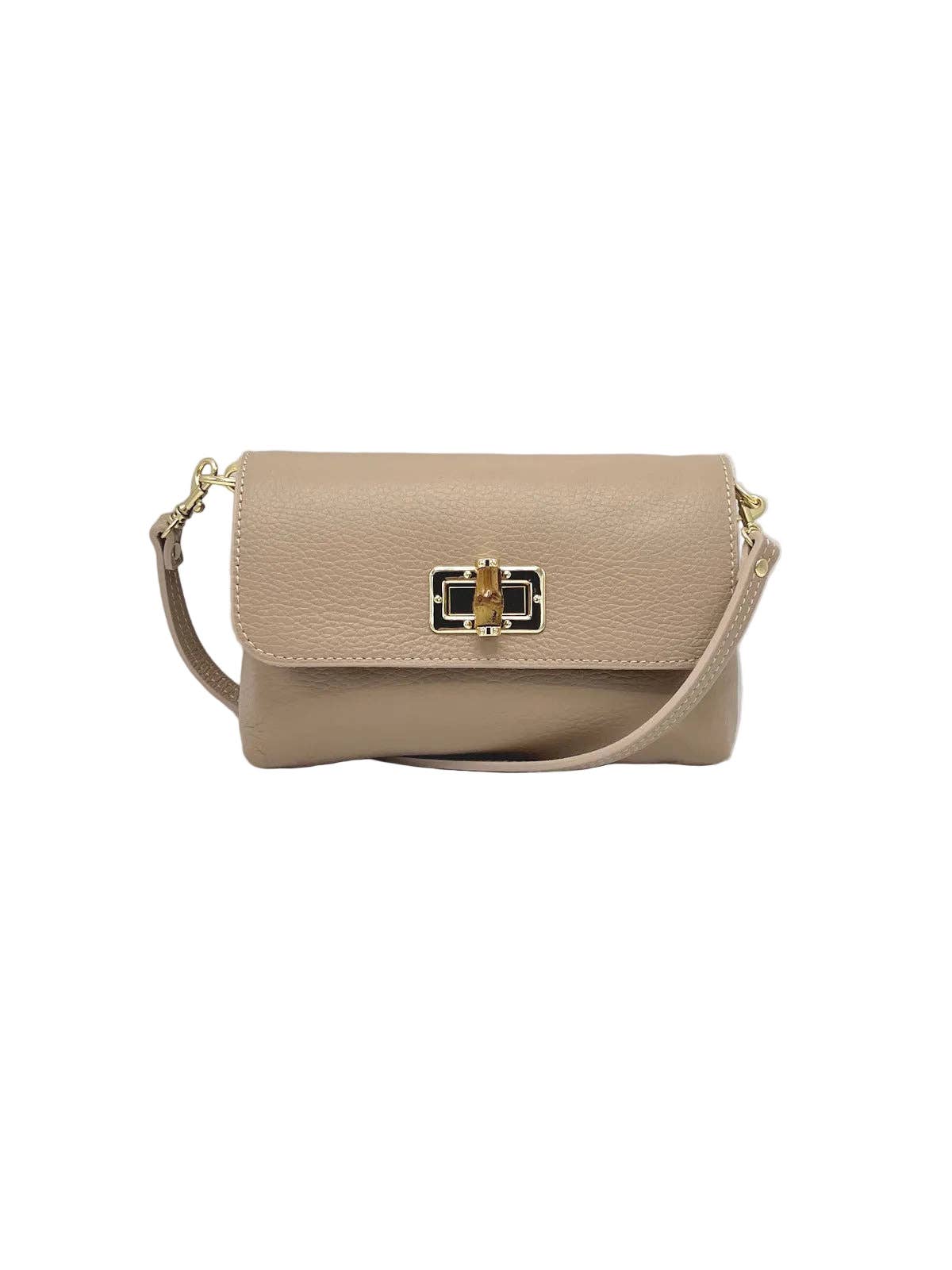 Orbetello leather shoulder bag in taupe beige con gold turnlock clasp e matching strap.