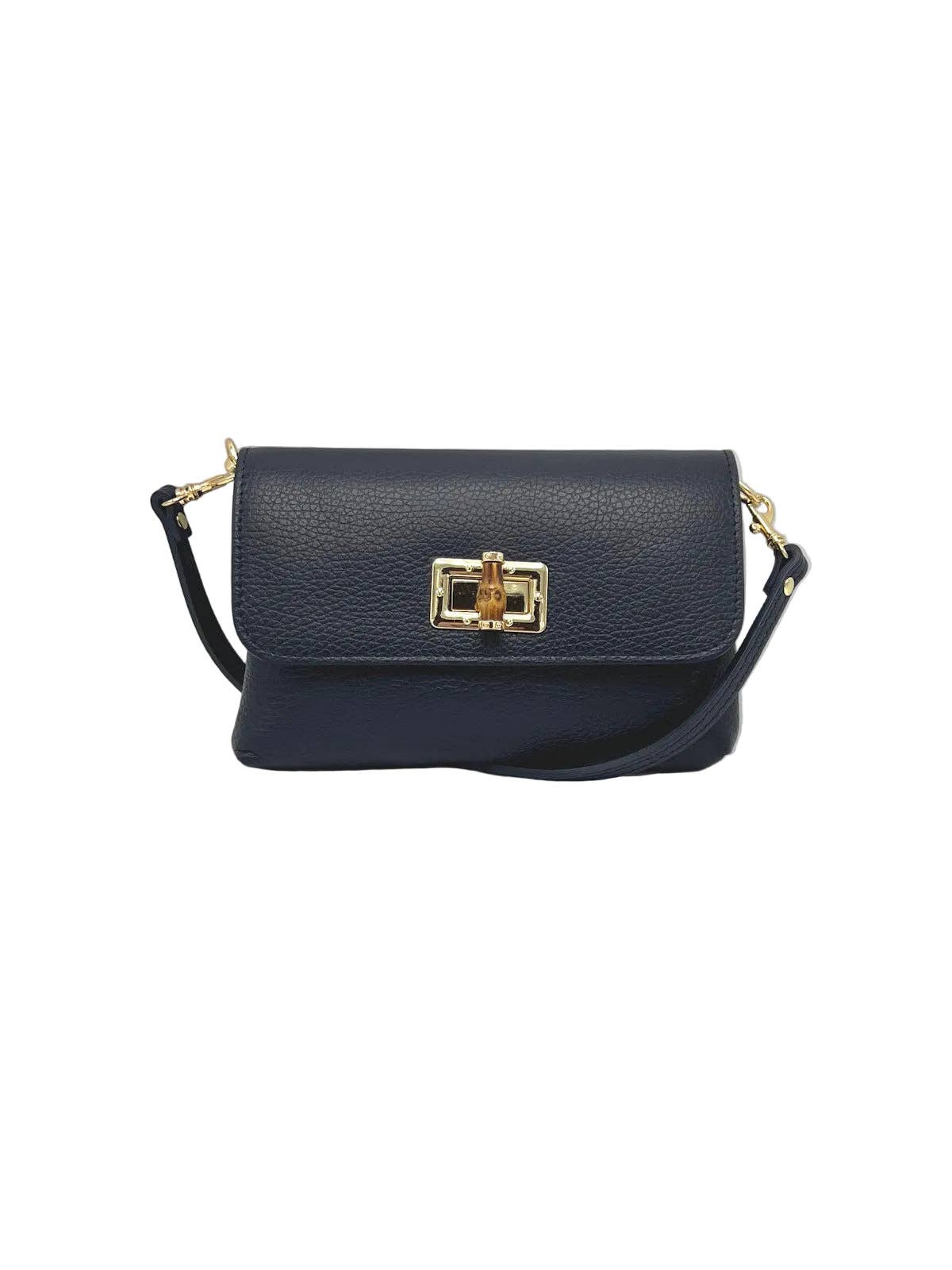 Orbetello leather shoulder bag in blu navy con a front flap e chiusura girevole color oro