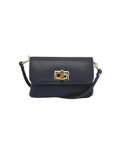 Orbetello leather shoulder bag in blu navy con a front flap e chiusura girevole color oro