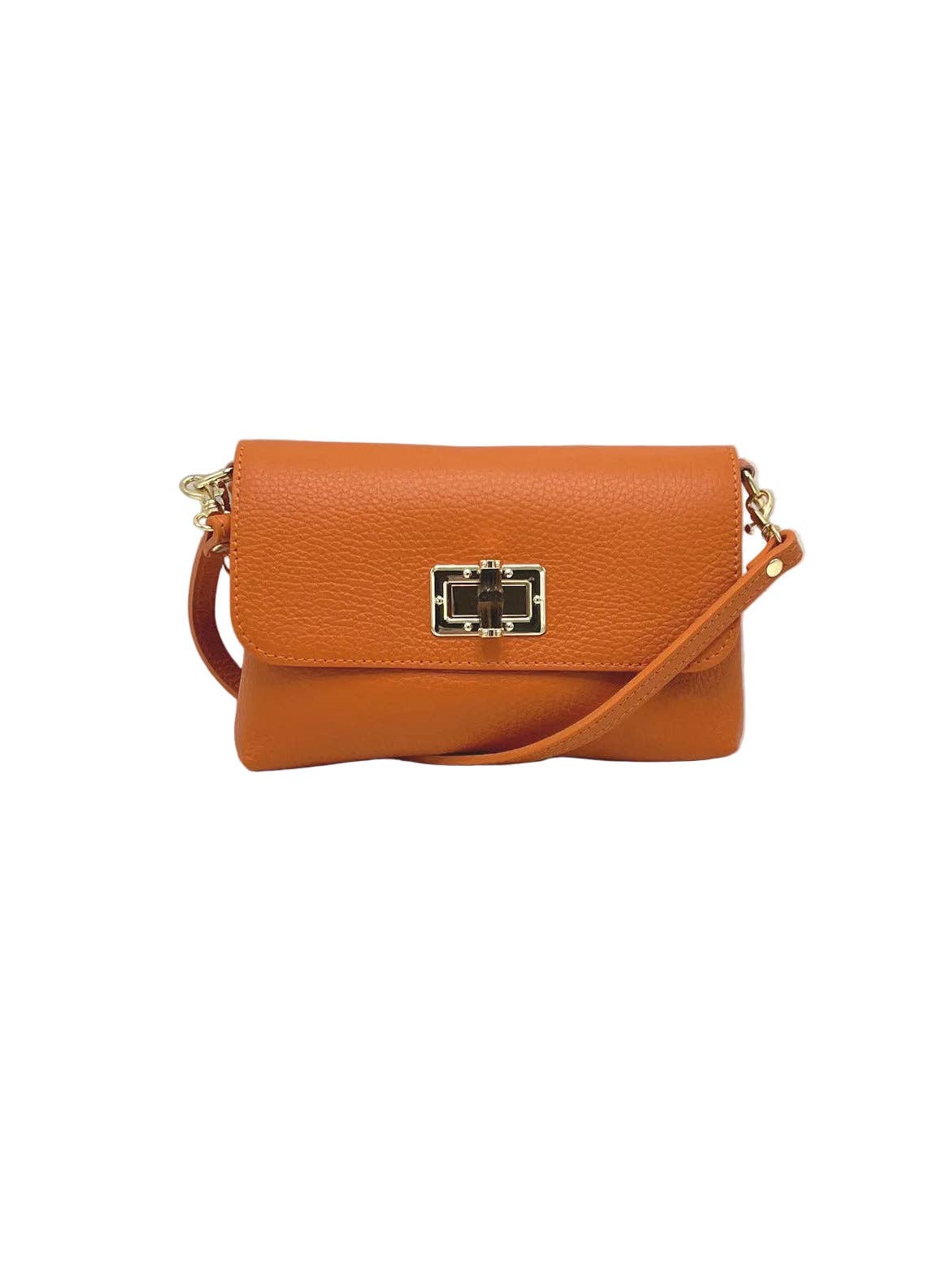 Arancione pelle martellata Orbetello shoulder bag con gold turn lock clasp e strap