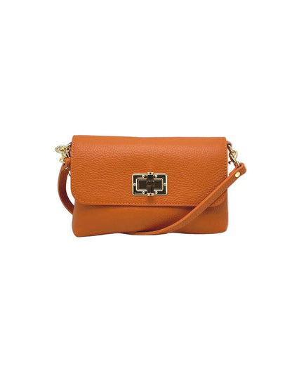 Arancione pelle martellata Orbetello shoulder bag con gold turn lock clasp e strap