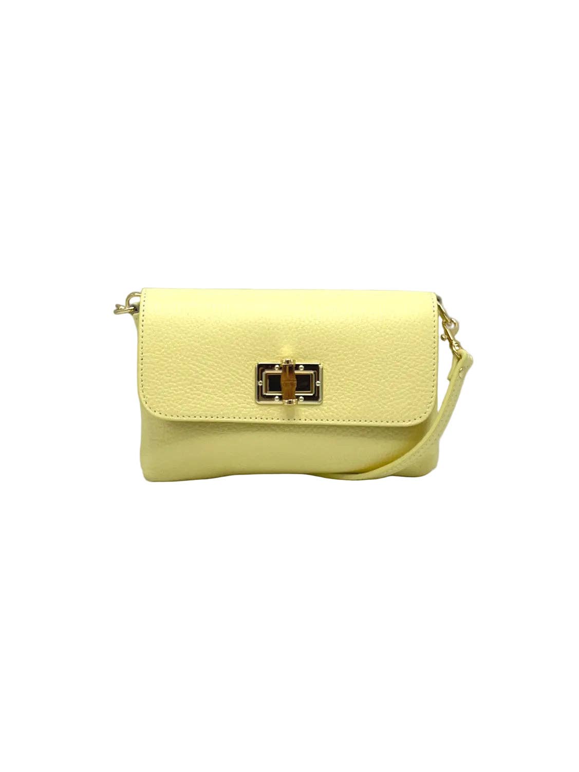 Orbetello Leather Shoulder Bag in pastel yellow con a gold turnlock clasp.