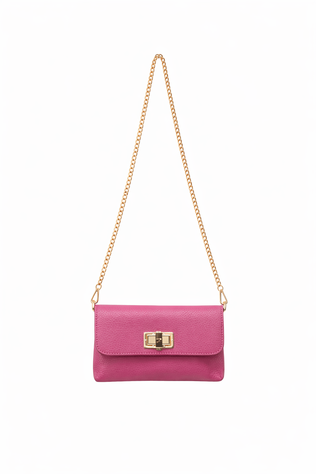 Magenta pelle martellata shoulder bag con a gold chain strap e a chiusura girevole color oro.